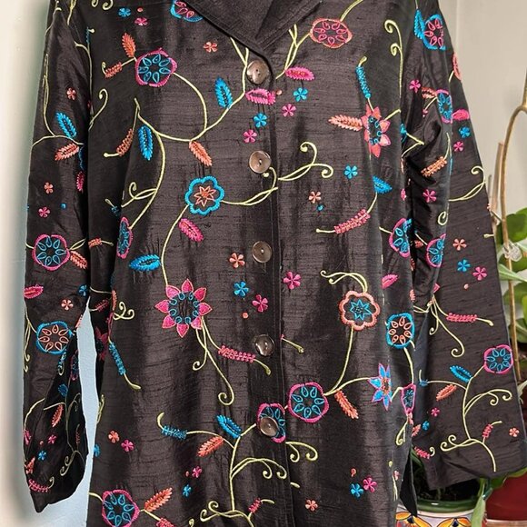 Laura Ashley Petites Jackets & Blazers - Vintage Laura Ashley PM Jacket Embroidered  100%‎ Silk CottageCore CoquetteGirl